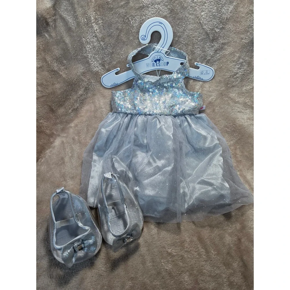 Build-A-Bear Workshop Silver Sequin Tulle Dress and Gemstone Bow Shoes Set